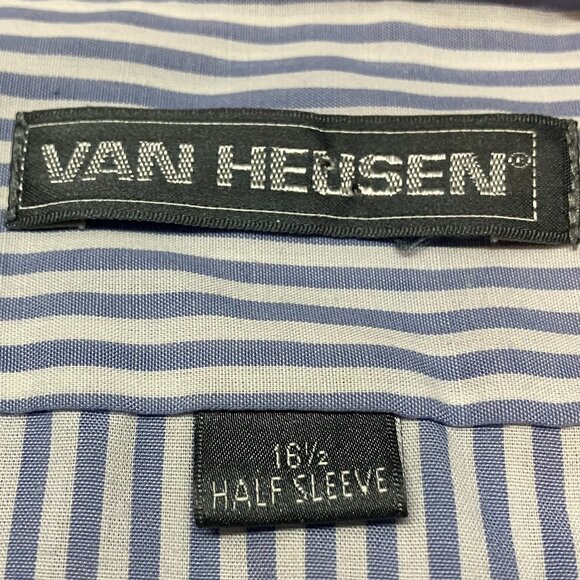 Van Heusen Mens L White Blue Striped Short Sleeve Button Up Shirt 16 1/2 neck - Picture 3 of 5